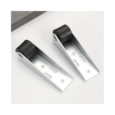 Heavy Duty Anti Sag Rollers For Wooden Garden Gates With Silent Ball Bearings And Floor Saving Pads Solid As A Rock Set Of Four showing two metal rollers with rubber wheels.