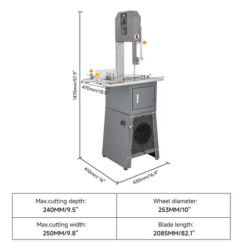 Powerful 550W Commercial Meat Bandsaw With 9.5 Inch Cutting Depth And 10 Inch Cutting Width For Meat Bones And Frozen Food Processing