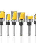 Six Piece 1 Quarter Inch Shank Grooving Router Bit Set With Bearings for woodworking, showing all six bits with yellow cutting surfaces.