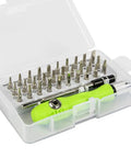 32 In 1 Precision Screwdriver Set With Mini Magnetic Cross And Flat Head Bits in clear case viewed from above