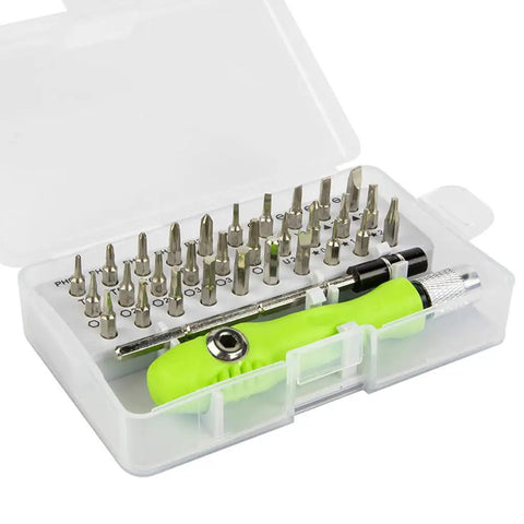 32 In 1 Precision Screwdriver Set With Mini Magnetic Cross And Flat Head Bits in clear case viewed from above