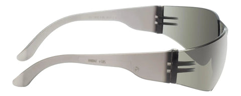 Bulk 30 Pack Rimless Safety Glasses Grey Wrap Around Style Ansi Z87 Plus side view showing textured temple and anti-fog lenses.