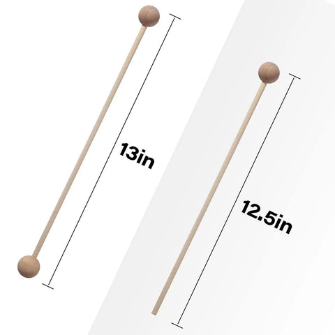 Set Of Twenty Five Sturdy Wooden Dowel Rods And Matched Caps Perfect For Sweet Cake Support And Nifty Seasonal Projects With Quarter Inch Diameter By Twelve Inch Length Built Tough For Every Creative Squad, showing two wooden dowel rods with caps, 12.5 and 13 inches.