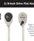 Front and back view of Three Eighth Inch Drive Flat Head Ratchet 12 Inch Length 90 Tooth Reversible Mechanism in chrome vanadium steel.