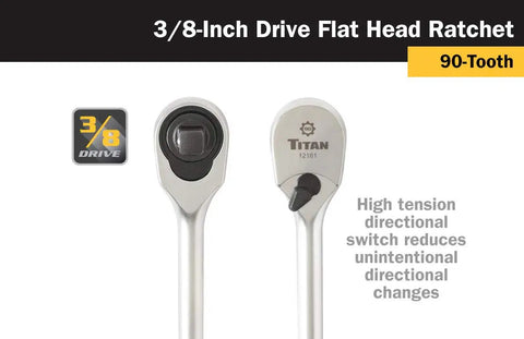 Front and back view of Three Eighth Inch Drive Flat Head Ratchet 12 Inch Length 90 Tooth Reversible Mechanism in chrome vanadium steel.