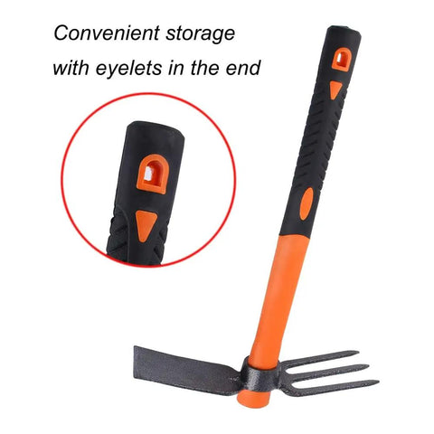 Dual Head Garden Rake Hoe With Heavy Duty Forged Adze And Ergonomic Non Slip Handle For Loosening Soil, eyelet in handle detail