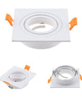 Two Pack Of Crisp White Square Recessed Lighting Trims With Angled Gu10 Downlight Housing And A Snug 3.07 Inch Ceiling Cutout view showing adjustable bracket and flat design.