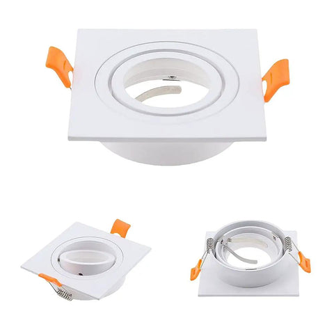 Two Pack Of Crisp White Square Recessed Lighting Trims With Angled Gu10 Downlight Housing And A Snug 3.07 Inch Ceiling Cutout view showing adjustable bracket and flat design.