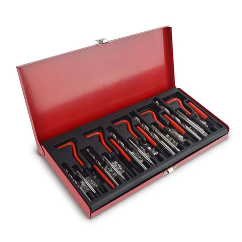 Pro Grade 131 Piece Metric Thread Repair Kit With HSS Drill Bits Taps Threaded Wire Inserts And Break Off Tool Set For Auto Engine Repairs Durable Heavy Duty Steel Construction For Long Lasting Performance in red case