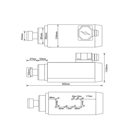 Technical diagram of Air Cooled CNC Spindle Motor With Ceramic Ball Bearings 6 kW 220V 380V for small machines, side and top views.