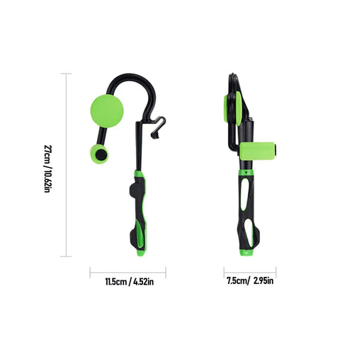 Golf Swing Trainer Wrist Aid For Instant Feel And Form, black and green design, 27cm height, side and top views.