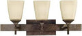 Souldern 3 Light Bath Vanity Light in Marbled Bronze with Distressed Umber Etched Glass, front view in bathroom setting