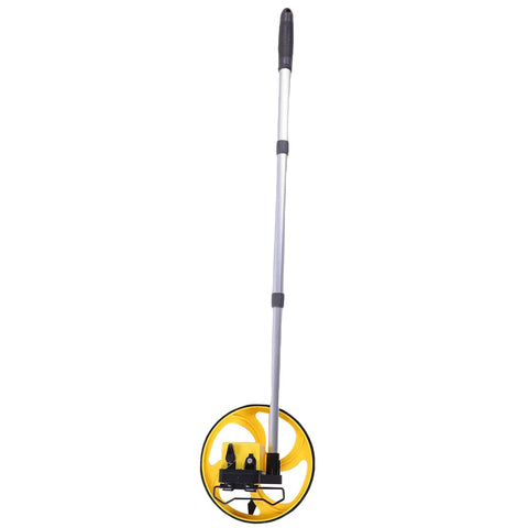 Hilitand Distance Measuring Wheel, 8 Inch Telescopic Design, yellow wheel and silver rod, standing upright for measurement.