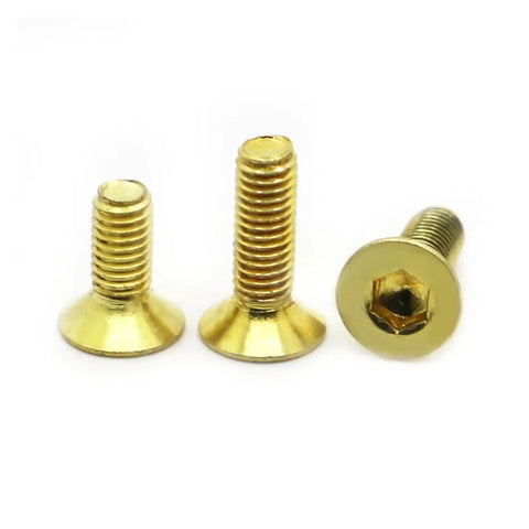 Brass Dlat Hex Socket Countersunk Head Bolts Set M3 To M8, 30mm Length, 2-5 Pieces, Metric Threads 0.5 0.7 0.8 1.0 1.25, Great For Woodworking, Metalworking And DIY Projects. Brass countersunk hex socket bolts shown front and side view.