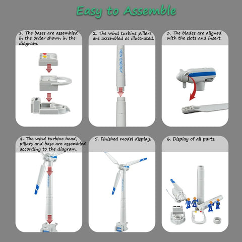 Assembly steps for Wind Turbine Toy Clockwork Generator Model STEM Science Kit For Kids And Makers with wind-up and real wind rotation.