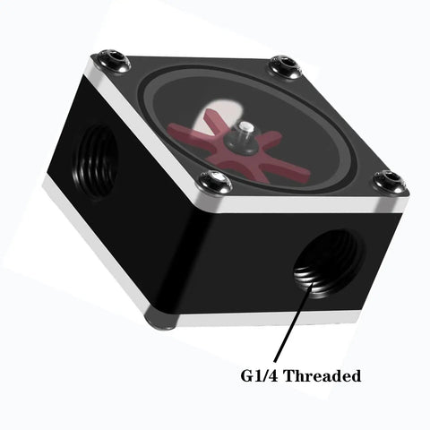 Three Way Flow Meter Indicator For PC Water Cooling With G1/4 Threads, acetal square body, showing threaded ports for easy installation.
