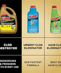 Three Liquid-Plumr drain cleaner bottles (Pro-Strength, Urgent, Hair Clog Eliminator) in yellow, blue, and green.