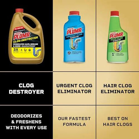 Three Liquid-Plumr drain cleaner bottles (Pro-Strength, Urgent, Hair Clog Eliminator) in yellow, blue, and green.