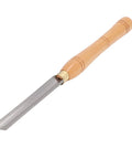 Side view of wood lathe turning chisel with beech wood handle and steel blade