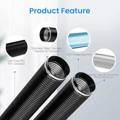 Close-up of beefed up 10 inch dryer vent hose with 4 layer ducting, stainless steel clamps, and PVC protective film.