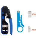 Pro Grade All In One Ethernet Crimp Tool Kit For RJ45 Cat5e Cat6 Pass Through Connectors, data plugs, wire stripper, and cutter, 103-piece set