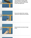 Floor Squeak Eliminator Kit With Six Adjustable Brackets Easy Install instructions showing step-by-step subfloor to joist setup.