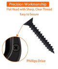 Black M4 Wood Screws Kit 100 Pcs Self Tapping Phillips Flat Head Drywall Screws Plus M6 Anchors, close-up view of screw head.