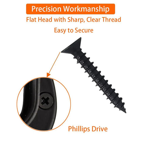 Black M4 Wood Screws Kit 100 Pcs Self Tapping Phillips Flat Head Drywall Screws Plus M6 Anchors, close-up view of screw head.