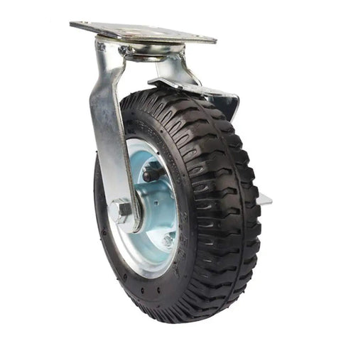 8 Inch Heavy Duty Swivel Caster Wheel Built Tough With Non Marking Polyurethane Tread Dual Locking Brakes showing steel frame and tire.