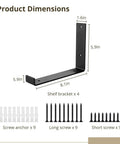 Heavy Duty Industrial L Brackets Set Four Black Corner Supports With Upward Hooks For Wall Mounted Shelving and Tough As Nails Home Storage Gear Upgrades, dimensions and included screws.