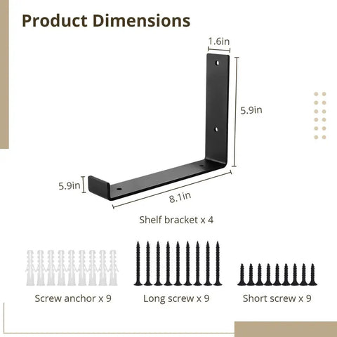 Heavy Duty Industrial L Brackets Set Four Black Corner Supports With Upward Hooks For Wall Mounted Shelving and Tough As Nails Home Storage Gear Upgrades, dimensions and included screws.