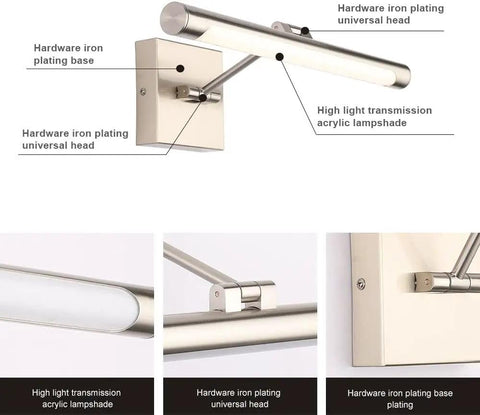 Awesome Adjustable Dimmable LED Picture Light With Swing Arm In Brushed Nickel, featuring a hardwired 180° rotating arm and acrylic lampshade.