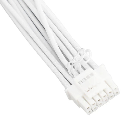 Fresh Sleeved Pcie 5.0 Extension Cable For Dope Gpu Power Delivery And Tight Rig Routing With Dependable 16 Awg Wiring built for Nvidia Rtx 4090, 4080, 3090 Ti, 4 to 8 Pin Adapter, shows white braided cable and connector.
