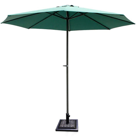 Green umbrella supported by Beefed Up 30Lb Patio Market Umbrella Base With Cast Iron Tube Holder, Classic 17.5 Inch Square Bronze Finish Stand.