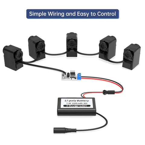 Five Pack High Torque RC Servo With Controller And Debug Board for DIY Robots with visible wiring and Li-poly battery.