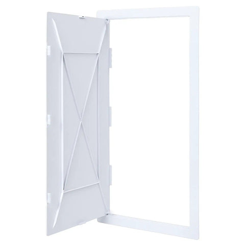 No Hassle Drywall Access Panel, 14 X 29 Inch Abs Plastic Removable Wall Cover, open showing interior structure.