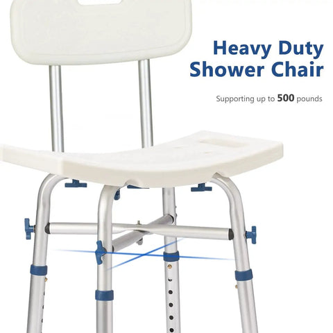 Shower Chair With Back Support, 500Lb Heavy Duty Silver Aluminum Bath Seat showing non-slip legs and tool-free assembly.