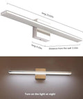 Chrome Bathroom Light Fixtures 24 Inch LED Vanity Bar Over Mirror Lighting IP44 Waterproof 14W 850LM Modern Rectangle Vanity Lamp For Bathroom Acrylic Restroom Sink Light showing dimensions and lit effect.