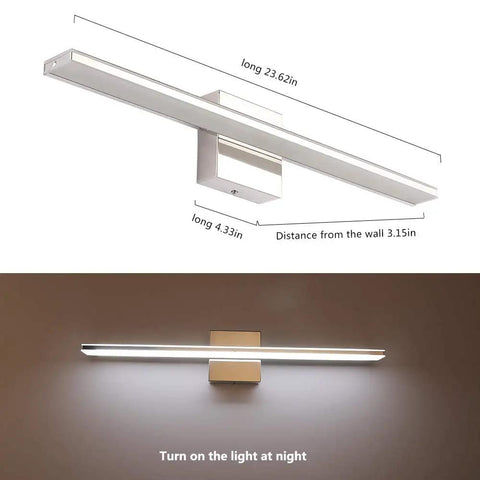 Chrome Bathroom Light Fixtures 24 Inch LED Vanity Bar Over Mirror Lighting IP44 Waterproof 14W 850LM Modern Rectangle Vanity Lamp For Bathroom Acrylic Restroom Sink Light showing dimensions and lit effect.