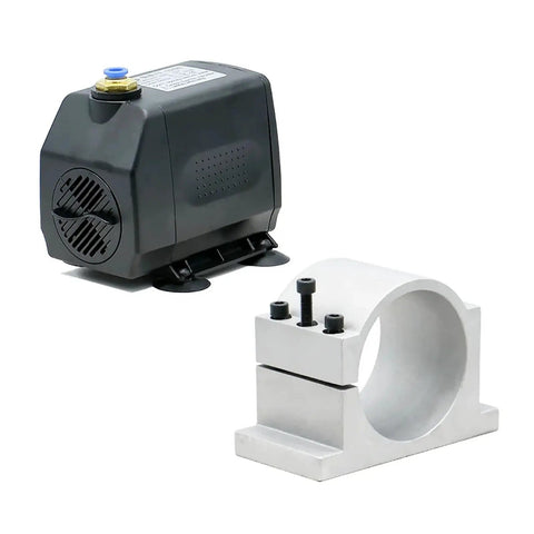 No Sweat Setup 5.5KW Water Cooled Spindle Motor Kit With Dual Voltage VFD And ER25 Chuck showing water pump and mounting bracket.