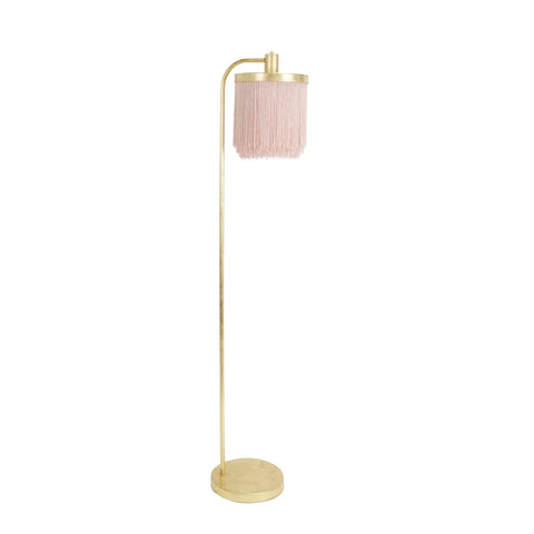 Pink Fringe Shade Floor Lamp In Gold Leaf Finish, Down Bridge Steel Lamp With Three Tier Fringe Shade, Classic Boudoir Style Standing