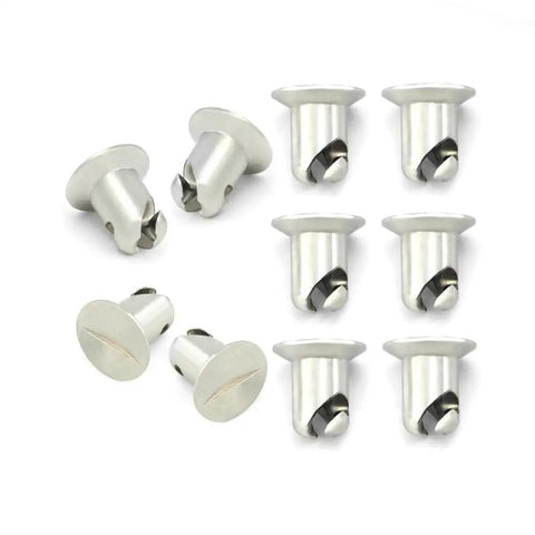 Zero Hassle 1/4 Turn Quick Release Fastener Kit With Rock Solid Steel Rivets And Dimpled Mounting Plates And Springs For Clean Auto Body Panel Trim And Universal Clips, showing steel rivets in various angles.