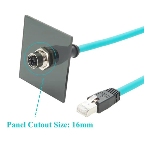 M12 X Code To RJ45 Bulkhead Panel Mount Ethernet Cable CAT6A Beefy Shielded High Flex For Industrial Vision And GigE Vision Cameras, Machine Vision, PoE Sensors, PLCs And Robotics, IP67 Protected, 0.3m Length, panel cutout 16mm
