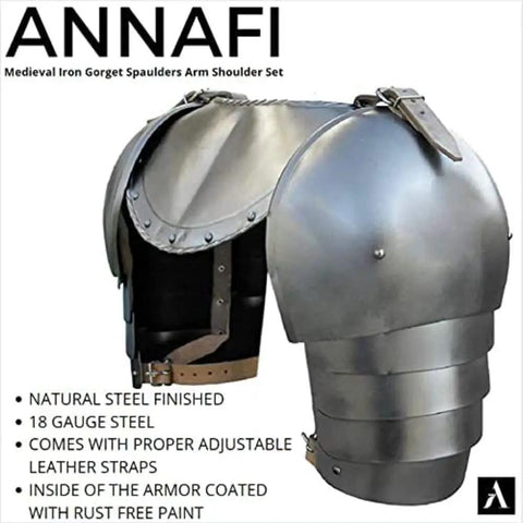 Medieval Iron Gorget Spaulders Shoulder Armor And Handcrafted Leather Gauntlet Gloves Set For Adults Dope Knight Cosplay Gear LARP Renaissance Faire Armor Kit, showing iron shoulder pieces with leather straps, 18 gauge steel