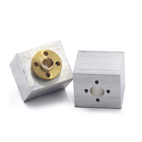 Two Aluminum Block For 8mm Bore T8 Lead Screw Nut Housing Brackets with visible mounting holes, trapezoidal conversion nut seat