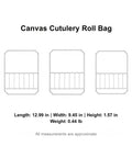 Canvas Cutlery Roll Bag With Handle Portable Knife Storage Case dimensions and layout sketch with individual slots.