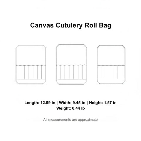 Canvas Cutlery Roll Bag With Handle Portable Knife Storage Case dimensions and layout sketch with individual slots.