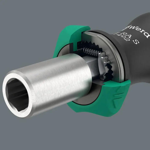 Close-up of RA S Bitholding Screwdriver with ratchet in handle, 1/4 inch hex drive, showing ergonomic grip and fine tooth ratchet mechanism.