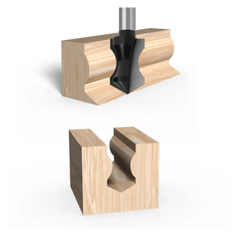 Top Notch 1/2 Inch Pointed Arc Slotting Router Bit For Baseboard Molding With Black Handle cutting decorative groove in wood.