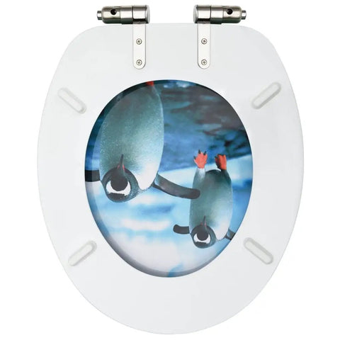 Top Tier Mdf Toilet Seat With Smooth Soft Close Lid, Clean Penguin Print Cover, Heavy Duty Zinc Hinges, top view design